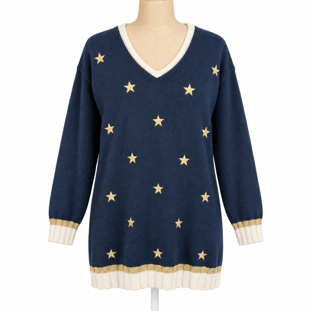 Vintage Y2K Star Embroidered Heavyweight Sweater Size L Blue Celestial Cottage